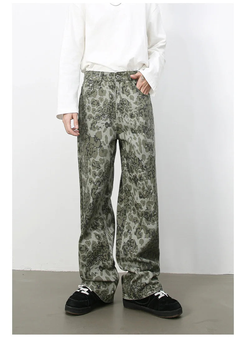 Tide Camouflage Jeans Men's Ins Loose Straight Wide Leg Casual Denim Pants Loose Male Trousers 12C2036
