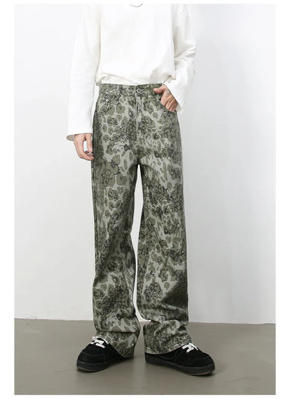Tide Camouflage Jeans Men's Ins Loose Straight Wide Leg Casual Denim Pants Loose Male Trousers 12C2036