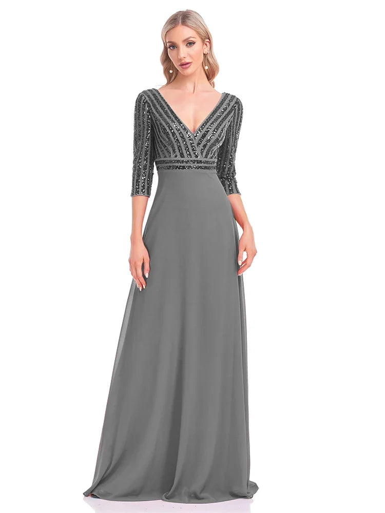 Elegant Sequined Long Sleeve Gown V Neck Pink Evening Dress Wedding Party Graduation Prom Dresses For Women 2025
