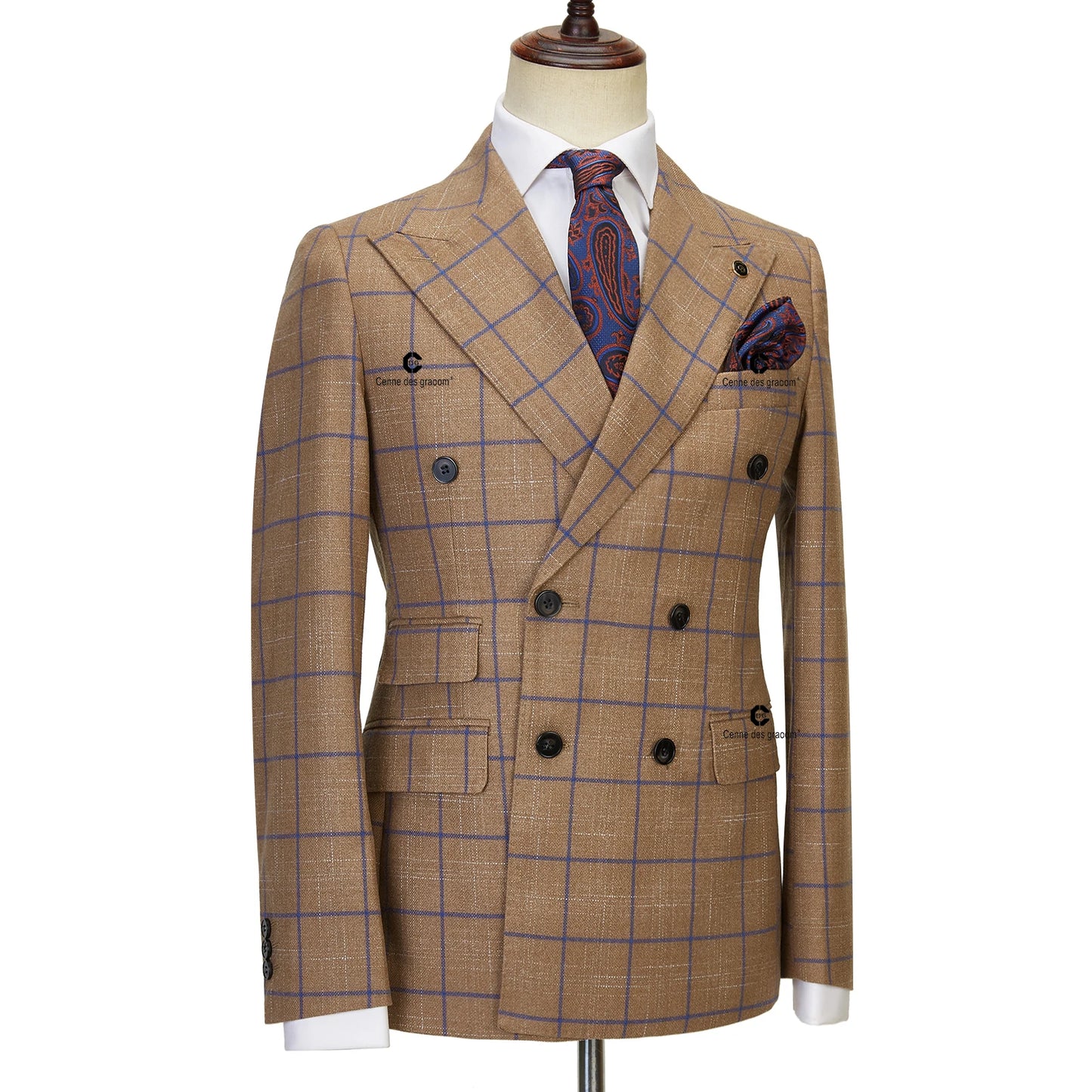 Brown Plaid Suits for Men Double Breasted 2 Pcs Set Blazer Jacket Pants Wedding Party Meeting Office
