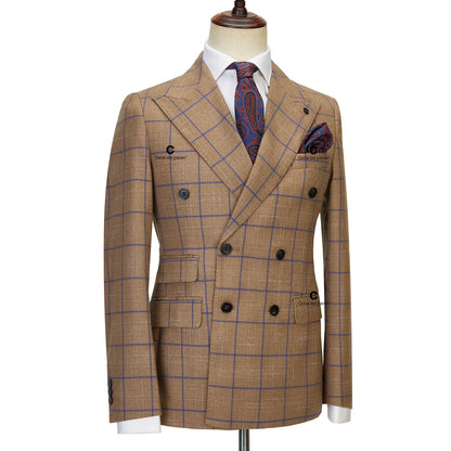 Brown Plaid Suits for Men Double Breasted 2 Pcs Set Blazer Jacket Pants Wedding Party Meeting Office