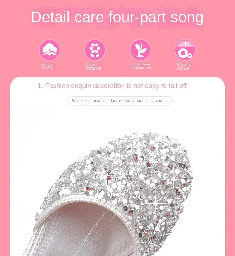 Fashion Kid Leather Shoe 2023 Summer Sequin Princess Shoe Crystal High Heel Sandals Kid Shoes Girl Dresses Mary Jane Girl Shoes