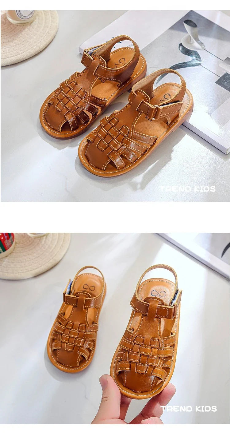 Toddler Sandals for Boys Cut outs Leather Shoes 2026 Summer Brand New Gladiator Sandals Weave Baby Boy Beach Shoes Flats H05096
