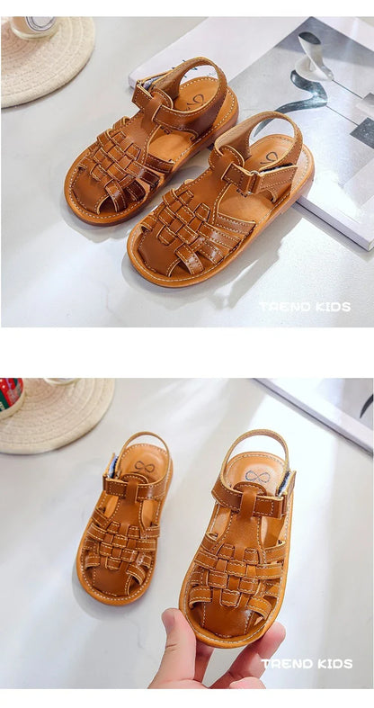 Toddler Sandals for Boys Cut outs Leather Shoes 2026 Summer Brand New Gladiator Sandals Weave Baby Boy Beach Shoes Flats H05096