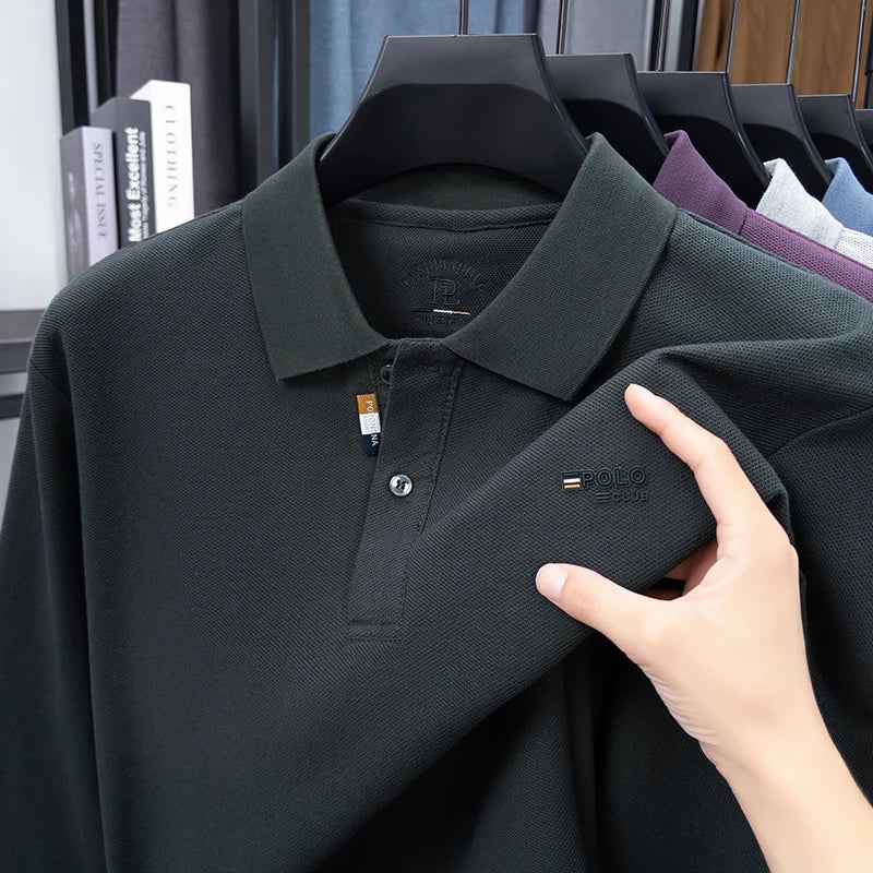 Men's Luxury Brand 100 Cotton Embroidered Polo Shirt Spring Autumn Business Leisure Lapel Long Sleeve T-shirt Handsome Menswear