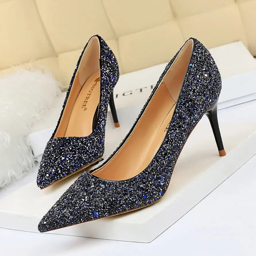 Women Luxury Bling Red  Blue Valentine Party Scarpins Pumps Lady Glitter Sequins 7cm 9.5cm High Heels Designer Shoes Plus Size