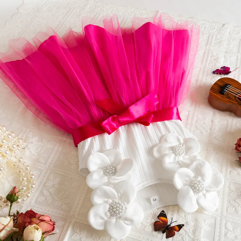 Girls Elegant Tulle Princess Dress Floral Decor Kids Vest Mesh Dress Children 2026 Summer Fanshion Clothing