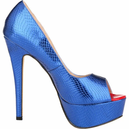 Women Sandals Sexy Pumps Patent Leather Platform Crocodile Pattern 14cm High Heels Peep Toe Stilettos Party Dress Wedding Shoes