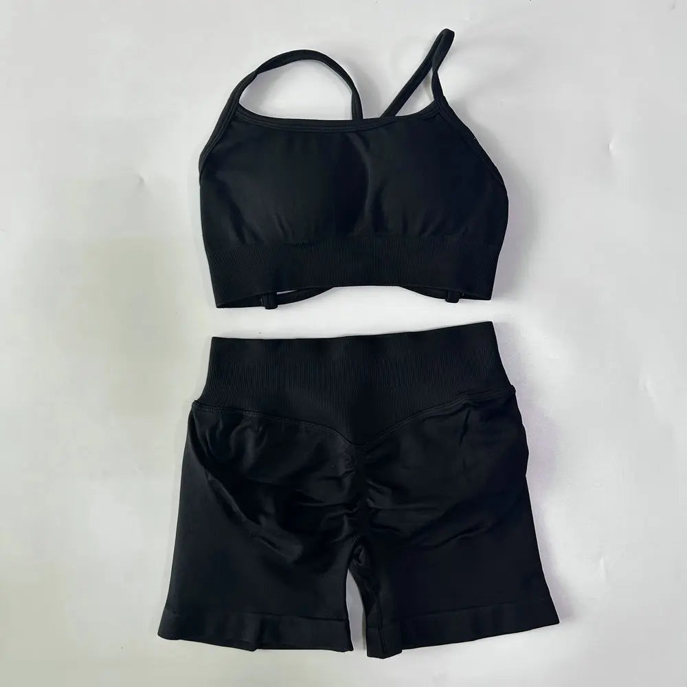 No Logo Women 2 Pieces Yoga Set Cross Straps Bra Beautiful Back Tops High Waist Sport Short Scrunch Bum Workout Short Gym Suit