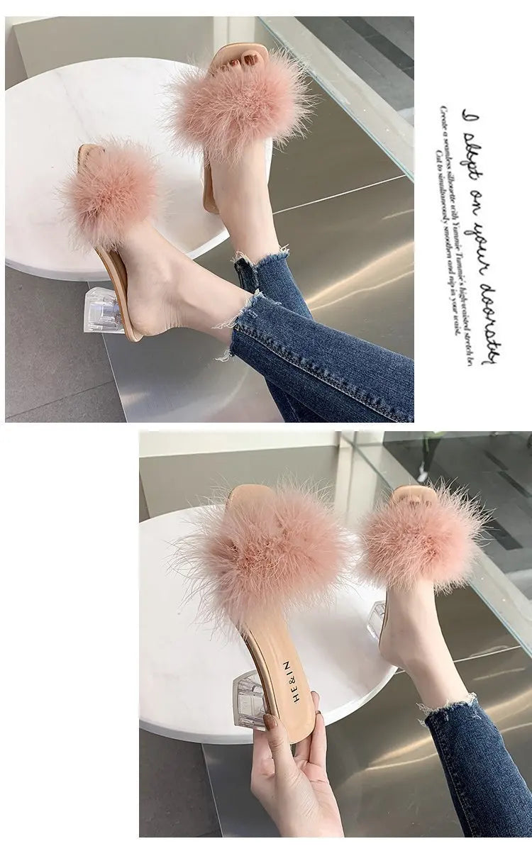 2023 Fluffy Peep Toe Sexy High Heels Women Shoes Fur Feather Lady Fashion Wedding Slip-On Pink Square Toe Women Sandals