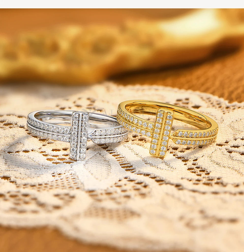 925 Sterling Silver Moissanite T-Bar Ring Double Band Paved Luxury Design Rings for Women Engagement Party Jewelry Gift