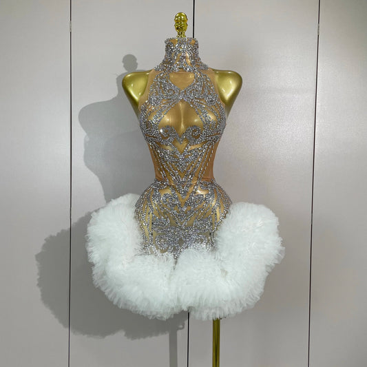 Mesh Sexy See Through Cocktail Mini Dress Women Eveing Luxury Birthday Party Singer Nightclub Show Stage Costume