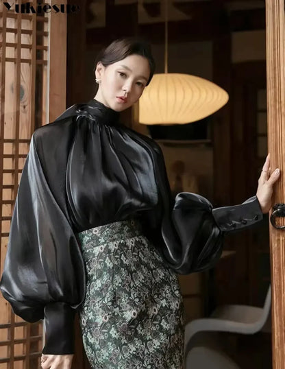 Women's Satin Blouses Stylish Big Bow Shirts 2023 Spring Autumn New Fashion Korean Edition Casual Puff Sleeve Female Solid Top