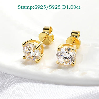 Certified 0.2-2CT Moissanite Stud Earrings for Women Man Hip Hop 100% 925 Sterling Silver Plated 18k Gold Earrings