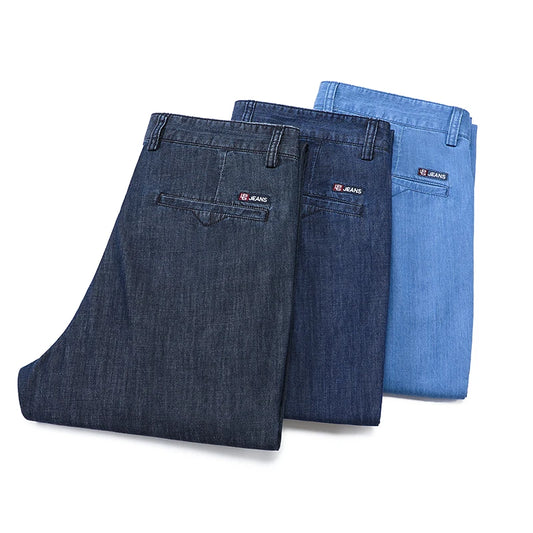2026 Thin Stretch Denim Business Casual High Waist  High Lyocell  Men's Fit Straight Lightweight Cotton  Light Grey Jeans