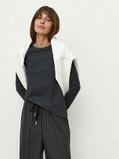 Women's Spring Autumn 100% Cotton T-shirt Bottoming Basic Solid Lady Long Sleeve Loose Tops Shirts Oversized T Shirt