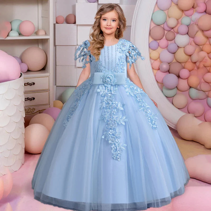 Lace up Tulle Flower Girl Dress Chest with flowers First Communion Ball Gown Wedding Party Bridesmaid Dress Kids 12Y