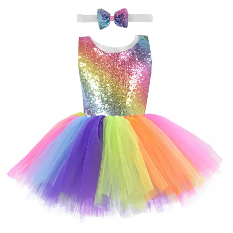 Summer Princess Dress Dance Performance Dress Birthday Dress Rainbow Sequin Fluffy Dress Girl's Children's Clothing Prom Dresses