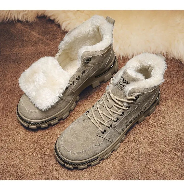 Men Snow Boots  Winter Anti Slip Plush Indoor Warm Cold Proof Snow Boots High Top Platform Lace Up Outdoor Sport Work Boots