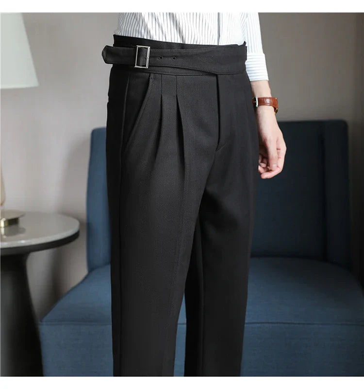 Luxury Men's Slim High-Rise Dress Pants - Heavyweight Subtle Stripe with 3D Pleats & Naples Tailoring