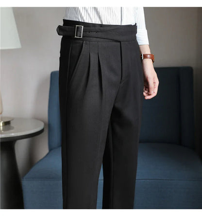 Luxury Men's Slim High-Rise Dress Pants - Heavyweight Subtle Stripe with 3D Pleats & Naples Tailoring