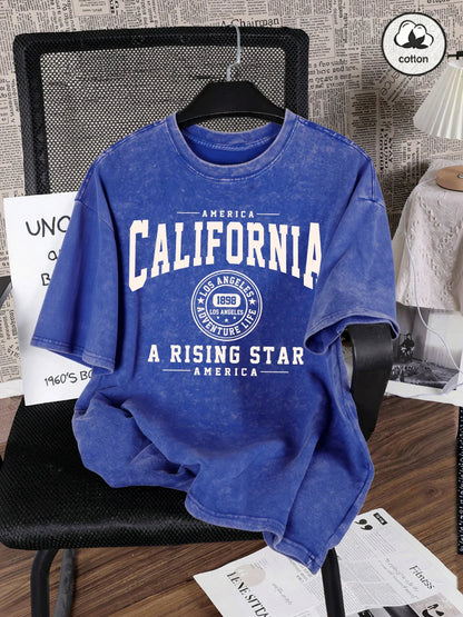 America California Printed Washed T-Shirt Mens Cotton Oversized T Shirt Casual O-Neck Short Sleeve Tops Summer Basic Male Tees