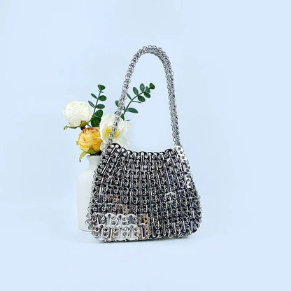 Shiny vintage iron sheet bag, hand-woven silver sequins, metal dumpling bag, mobile phone bag, handbag, shoulder bag