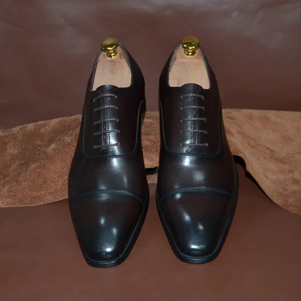 Classic Cowhide Genuine Leather Mens Dress Shoes Black Brown Cap Toe Lace-Up Oxford Company Business Office Formal Shoes for Men