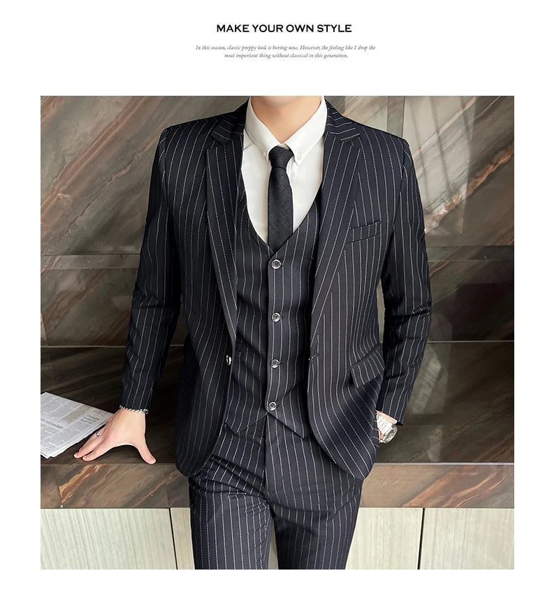 New three-piece suit with tailored striped business suit blazer and trousers set. Korean fashion trend. Stylish wedding attire.