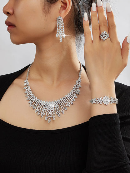 Luxury Brilliant Cubic Zirconia Bridal Jewelry Set Brides Accessories Tassel Water Drop Necklace Earring 4pcs Set for Wedding