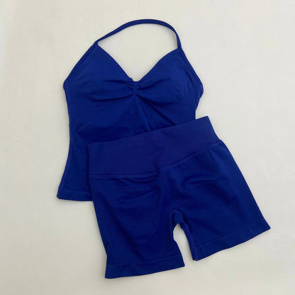 Yoga Longline Strappy Top Leggings Set Women's Backless Camisole Built-In bra Vest High-Waisted Hip Lift Gym Shorts Sports Set