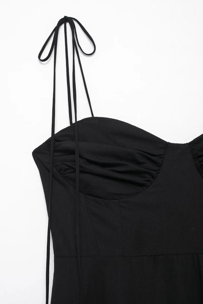 Summer New Woman Dress Spaghetti Strap Sleeveless Backless Lace-Up Zipper Pleats Sweet Beach Style Female Long Dresses