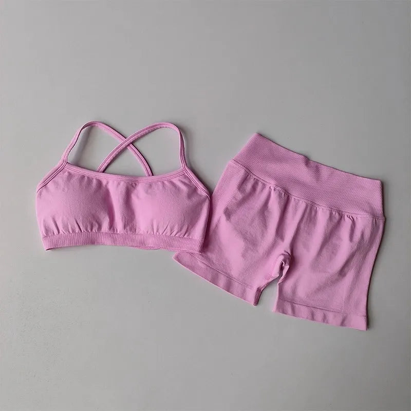 2PCS Women's High Waist Seamless Yoga Gym Set Sports Bra Top with Scrunch Shorts Fitness Workout Sportswear