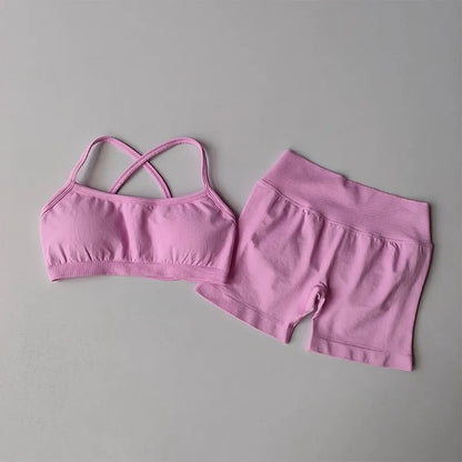2PCS Women's High Waist Seamless Yoga Gym Set Sports Bra Top with Scrunch Shorts Fitness Workout Sportswear