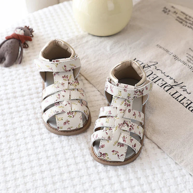 Summer Toddler Girls Floral Closed Toe Sandals Anti-collision Kids Sandal Lovely Hook-loop Sweet Children Beach Shoes 21-30