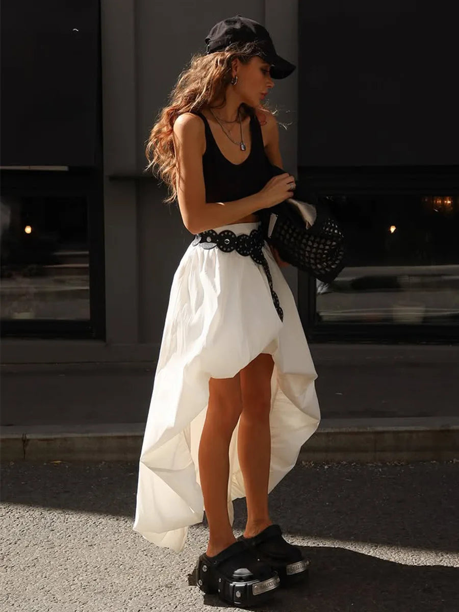 Fashion White Asymmetrical Long Skirts Female A-line Hem Vacation Skirt High Waist Casual Loose 2026 Summer Club Party Skirts