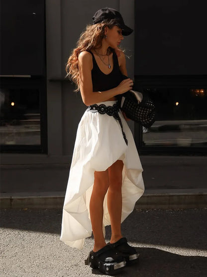 Fashion White Asymmetrical Long Skirts Female A-line Hem Vacation Skirt High Waist Casual Loose 2026 Summer Club Party Skirts