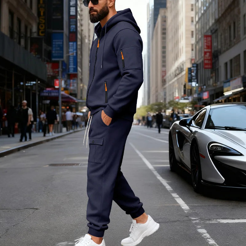 Autumn and winter men's velvet loose casual tooling outdoor sports fashion hooded sweater set