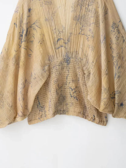 2025  autumn/winter new elegant fashion wide sleeve V-neck print shirt comfortable retro waist top