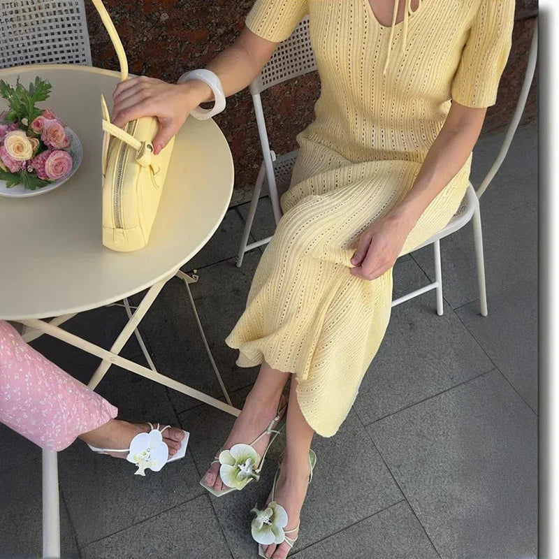 Long Dress Female Short Sleeve Slim Hollow Retro Elegant Sweater Dress 2025 Summer High Waist Woman Dress