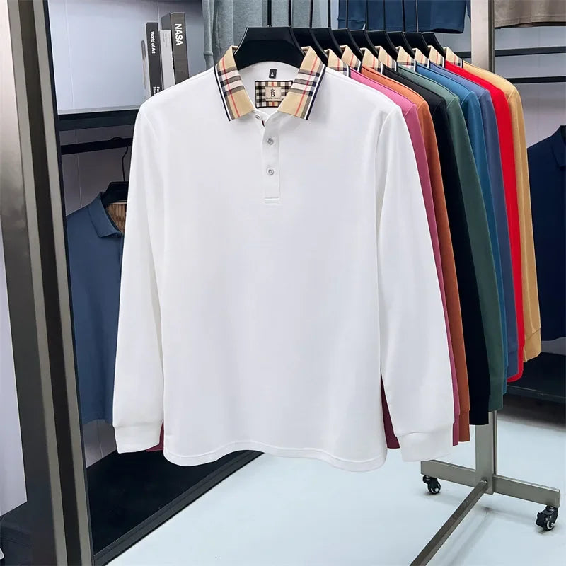 Men's Plaid Long Sleeve Polo Shirt Autumn Winter Casual Office Outdoor Fashion Top Commercial Collar Trendy Men's Clothing