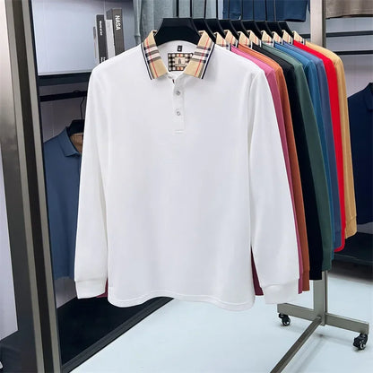 Men's Plaid Long Sleeve Polo Shirt Autumn Winter Casual Office Outdoor Fashion Top Commercial Collar Trendy Men's Clothing