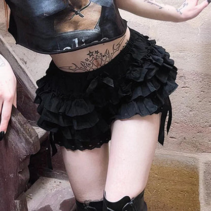 Mall Goth Lolita Lace Shorts Women Aesthetic Cute Sweet Bow Patchwork Shorts Y2k E-girl Emo Alternative Kawaii Outfits