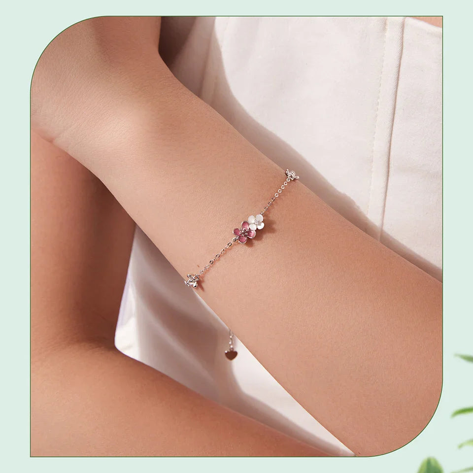 925 Sterling Silver Shell Flower Charm Bracelet Enamel Pink Adjustable Link Chain for Women Teens Decor Birthday Gift