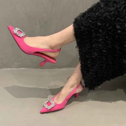 Women Sandals Summer Pointed Toe Slingback Mules Shoes Woman Fashion Rhinestone Ladies High Heels Sexy Pumps Party Dress Shoes