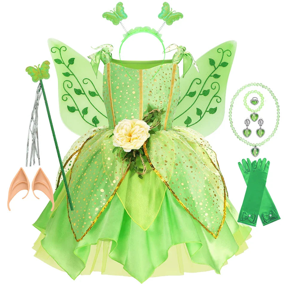Girls Green Elf Dress Princess Dress Up Children Fairy Dress Halloween Cosplay Beauty Flower Fairy Costume Party Clothing