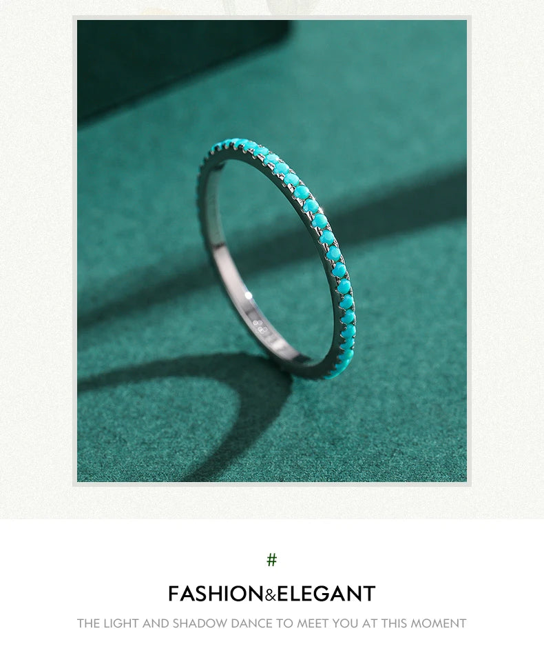 100% 925 Sterling Silver Classic Exquisite Circle Turquoise Charm Stackable Finger Ring For Women Trendy Fine Jewelry