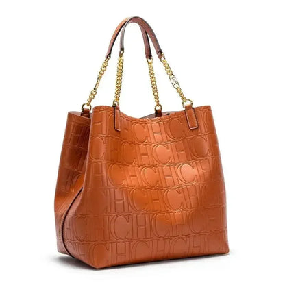 Embossed Logo Tote Bag Spacious Interior Chain Accent Top Handle Bag Casual Daily Outings Weekend Trips
