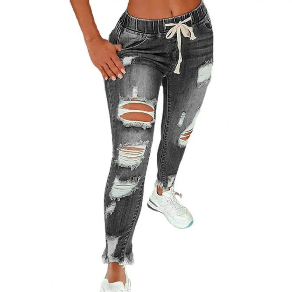 Stretchy Ripped Hole Jeans Women Straight Denim Trousers