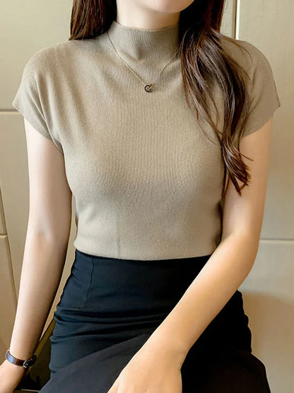 New Women Summer Knitted Turtleneck Sleeveless T-Shirts Tops Solid Slim Fit Pullovers Causal Tees Female Streetwear Basics Tees